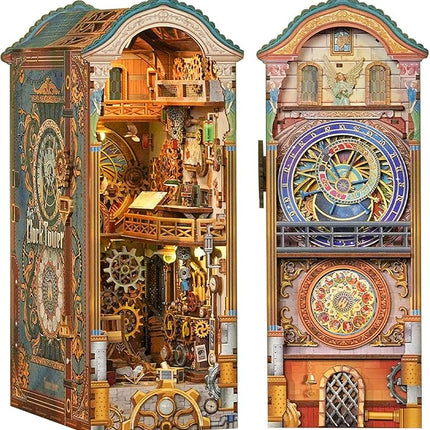 Tonecheer DIY Book Nook Kit for Adults, 3D Wooden Puzzle Bookend Miniature House Kit, Booknook Bookshelf Insert Decor with Dust Cover and LED Lights Gifts (Clock Tower)
