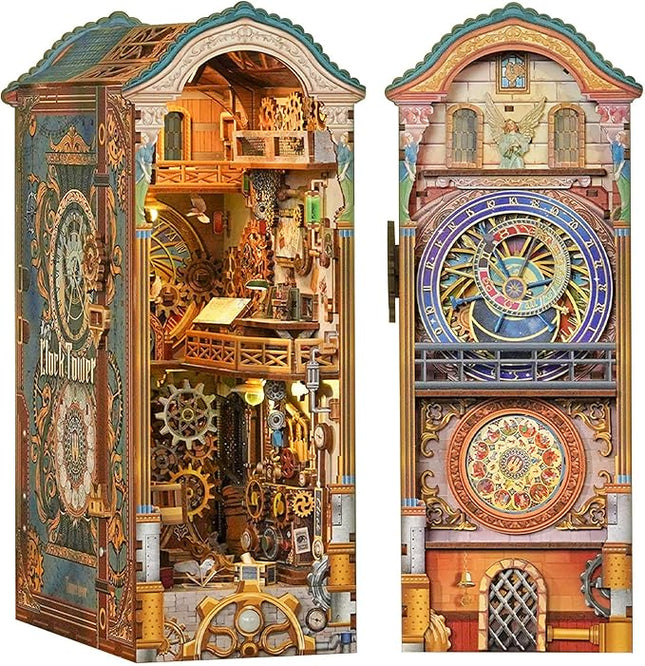 Tonecheer DIY Book Nook Kit for Adults, 3D Wooden Puzzle Bookend Miniature House Kit, Booknook Bookshelf Insert Decor with Dust Cover and LED Lights Gifts (Clock Tower)
