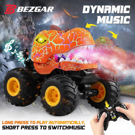 BEZGAR Monster Truck Toys - Remote Control Monster Truck with Spray, Light, Music, Dinosaur Toys for Kids, 1:20 Scale RC Truck with 360° Spins and Drifting, Remote Control Car for Boys 4-7 Orange