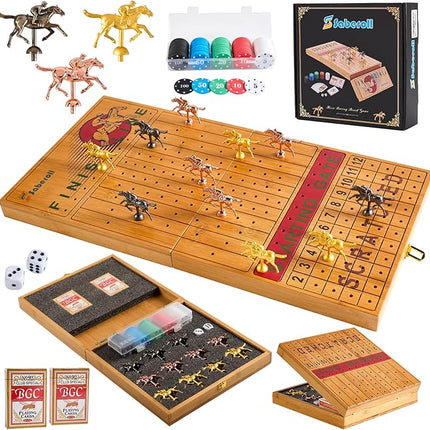 Large 23 inches Bamboo Horse Racing Board Game Foldable Horse Race Board Game with 11 Metal Horses 2 Dice 2 Decks of Cards and 100PCS Chips