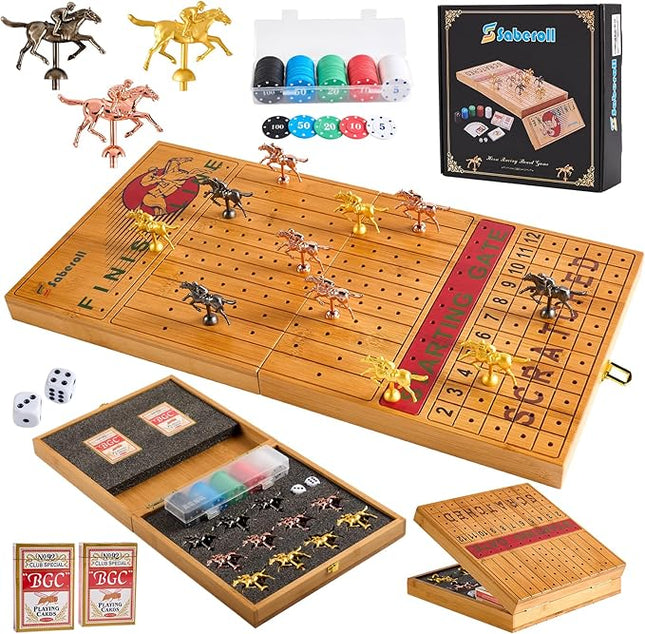 Large 23 inches Bamboo Horse Racing Board Game Foldable Horse Race Board Game with 11 Metal Horses 2 Dice 2 Decks of Cards and 100PCS Chips