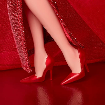 Barbie Signature Doll, Mattel 80th Anniversary Collectible in Glittery Red Tulle Gown with Drop Earrings and Sheer Gloves, Blonde Hair