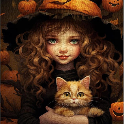 Halloween Pumpkin Girl Jigsaw Puzzle Curly Brown Hair Doll Holding Cat 1000 Piece Jigsaw Puzzles for Adults Home Decor Family Puzzle Perfect for Game Nights Ideal Gift 20 x 27 Inch