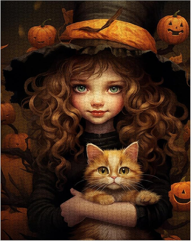 Halloween Pumpkin Girl Jigsaw Puzzle Curly Brown Hair Doll Holding Cat 1000 Piece Jigsaw Puzzles for Adults Home Decor Family Puzzle Perfect for Game Nights Ideal Gift 20 x 27 Inch