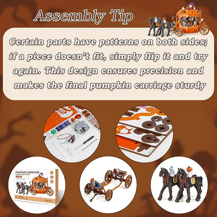 Halloween 3D Wooden Puzzles for Adults, 274 PCS Pumpkin Carriage Puzzle Kit Model with Lights, Music Box & Running Carriage, Boo Basket Stuffers Halloween Decor Indoor