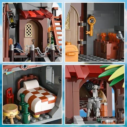 Pirate Cabin Building Sets for Adults,Pirate's House with Bridge and Ship in Island,Medieval Castle Skull Building Block Toy for Home Decor,Ideal Gift for Men Teens Kids Boys 8+(1044PCS)
