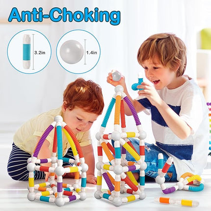 Magnetic Building Blocks Construction Set, 66 Pieces, Educational STEM Toy with Flexible Tubes and Connectors (66PCS)