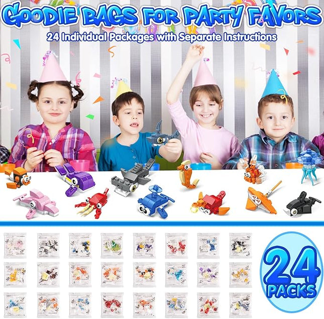 24 Packs Party Favors for Kids, 637 PCS 24in1 Marine Animals Small Fish Toys Mini Building Blocks Set for Goodie Bag Stuffers Classroom Prizes, Easter Birthday Gift for Boys Girls Ages 6-12