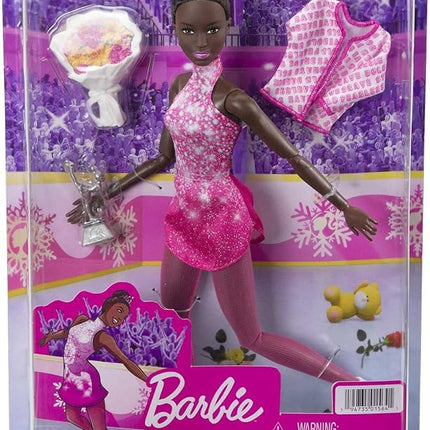Barbie Winter Sports Ice Skater Brunette Doll (12 Inches) with Pink Dress, Jacket, Rose Bouquet & Trophy, Great Gift for Ages 3 and Up