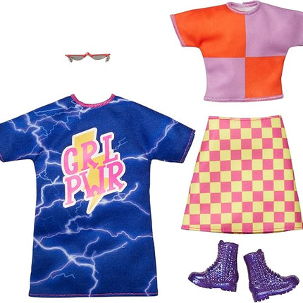 Barbie Fashions 2-Pack Clothing Set, 2 Outfits Doll Include Color-Blocked Shirt with Checkered Skirt, “GRL PWR” Dress & 2 Accessories