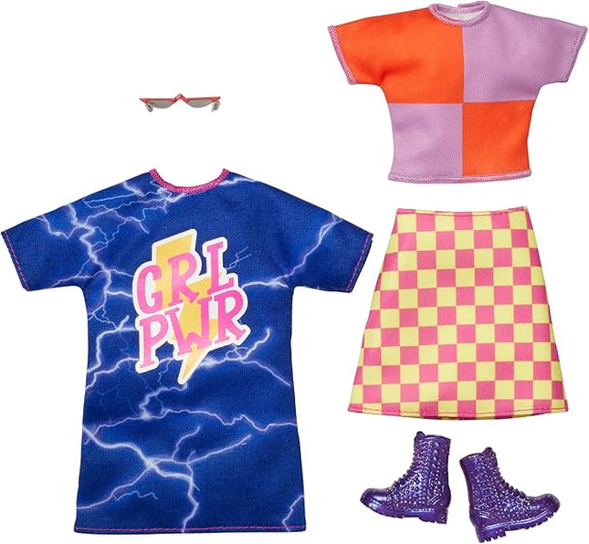 Barbie Fashions 2-Pack Clothing Set, 2 Outfits Doll Include Color-Blocked Shirt with Checkered Skirt, “GRL PWR” Dress & 2 Accessories