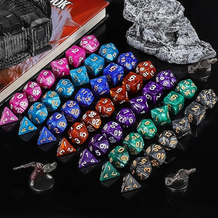 QMay Polyhedral Dice Set - 7 x 7 (49 Pieces) DND Dice with 7PCS Black Drawstring Bags Great for Dungeons and Dragons, RPG, MTG,Role Playing Table Games D4 D6 D8 D10 D% D12 D20