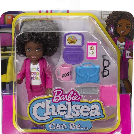 Barbie Chelsea Can Be Anything Doll & Playset, Brunette Boss Small Doll with Curly Hair, Outfit & 7 Career Accessories