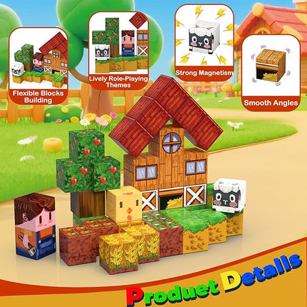 Farm Animal Magnetic Building Blocks Travel Toys, 35PCS Magnetic Cubes for Kids 3-8, Portable STEM Building Tiles with Metal Storage Box, Toddler Learning Toys for Ages 3-5，Fun Gifts, Classroom Prizes