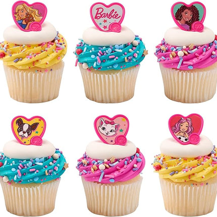DecoPac Barbie Be The Future Rings, Pink Heart Shaped Cupcake Decorations Featuring Barbie and her Friends For Birthday Party And Celebrations - 24 Pack
