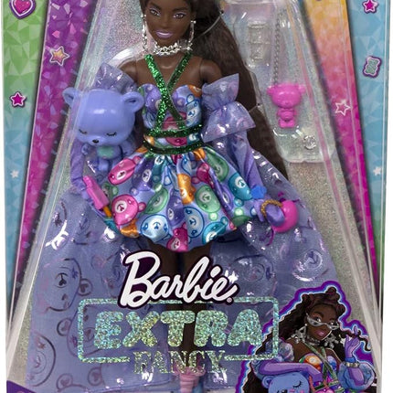 Barbie Extra Fancy Fashion Doll & Accessories Dressed in a Teddy-Print Gown with Sheer Train, Plus Teddy Bear Pet