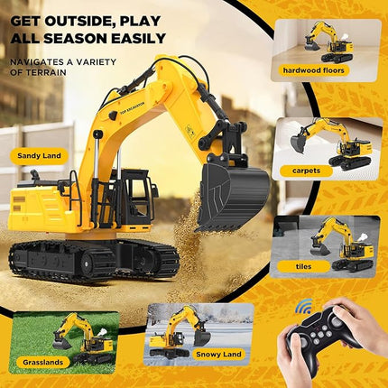 1:18 Remote Control Excavator Construction Toys for Boys, [2025 Upgraded] 2.4GHz RC Excavator Toy with Metal Shovel for Boys 6+ Kids Birthday, Dual Batteries/100+Mins/Spray/Sound/Light/11-Channel