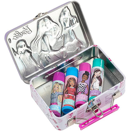 Barbie – Townley Girl Plant Based 4 Pk Swirl Lip Balm with Tin Case Makeup Cosmetic Set for Kids and Girls, Ages 3+, Perfect for Parties, Sleepovers & Makeovers