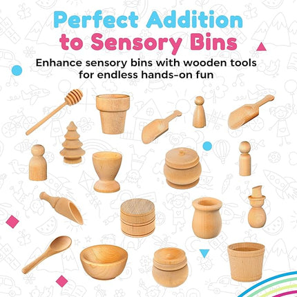 Wooden Tool Set for Sensory Bin (30 Piece), Child-Sized Montessori Sensory Toys for Developing Fine Motor Skills, Smooth Wooden Toys, Bin Scoops and Tools