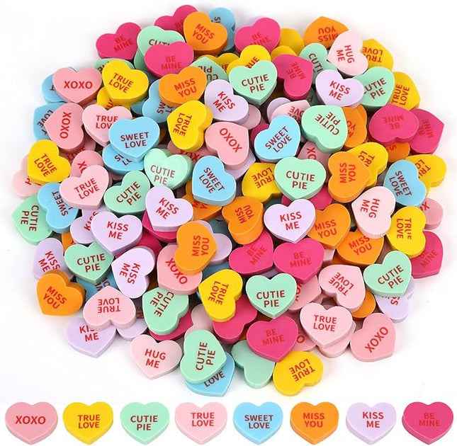 JUNEBRUSHS 150Pcs Valentine Conversation Heart Erasers, Conversation Heart Erasers, Cute Love Message Mini Eraser, Classroom Gifts Party Favors