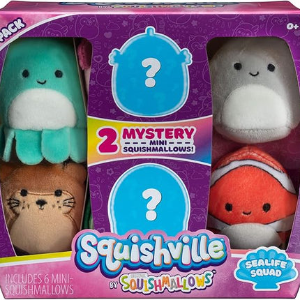 Squishville by Squishmallow Mini Plush Sealife Squad, Six 2” Sea Animals, Irresistebly soft Colorful Plush, Mini Shark, Otter, and Seahorse