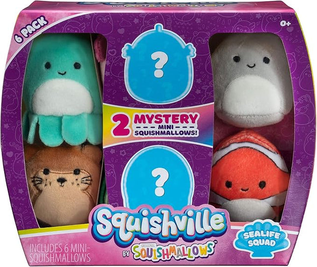 Squishville by Squishmallow Mini Plush Sealife Squad, Six 2” Sea Animals, Irresistebly soft Colorful Plush, Mini Shark, Otter, and Seahorse
