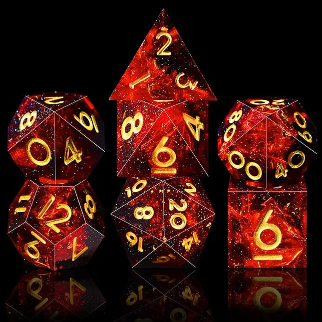 AUSTOR 7-Die DND Dice Set Handmade Sharp Edge Polyhedral Dice for Dungeons and Dragons RPG MTG Table Games（Flame Red）