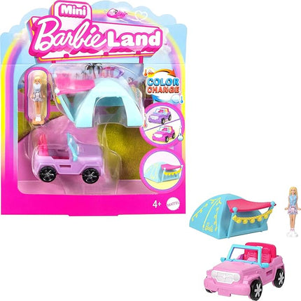 Barbie Mini BarbieLand Playsets with Toy Vehicle & 1.5-inch Doll, SUV with Color-Change Surprise & Tent Accessory