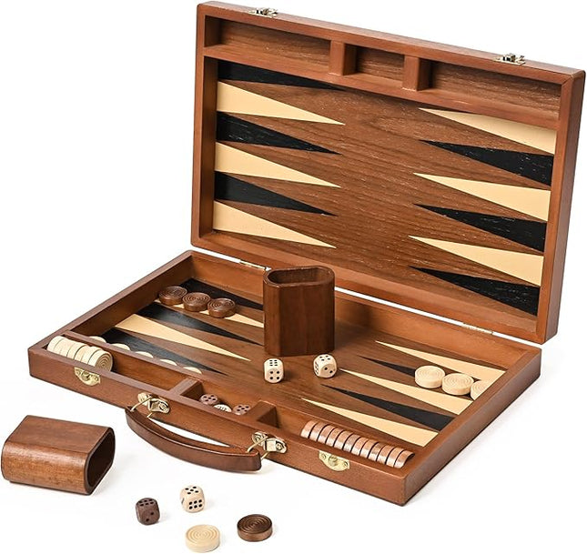ropoda Sapele Wood Backgammon Board Game Set (15 Inches) for Adults and Kids - Classic Board Strategy Game - Portable and Travel Backgammon Set with Wooden Playing Pieces and Accessories