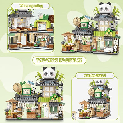 Cute Panda Mini Building Blocks Set, 860PCS MOC Mini Architecture Building Kits with Tea Shop Street View Design - STEM Educational Construction Gift for Girls Boys Kids Adults