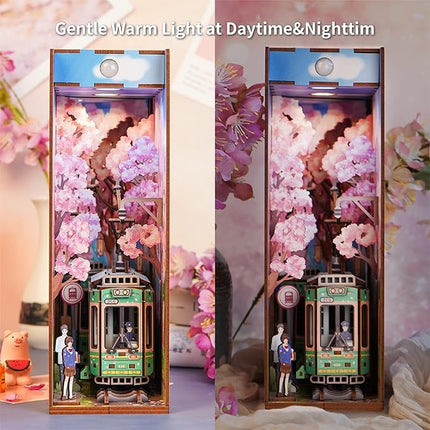 Tonecheer DIY Book Nook Kit for Adults, 3D Wooden Puzzle Bookend Bookshelf Insert Decor Fancy Book, Booknook Miniature House Kit with Sensor LED Light Birthday (Sakura's Travel)