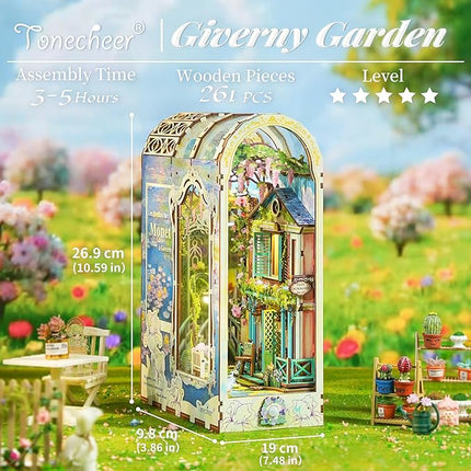 Tonecheer DIY Book Nook Kit for Adults, 3D Puzzle Wooden Miniature House Kit, Booknook Dollhouse Bookshelf Insert Decor Bookend with Dust Cover and LED Lights Gifts (Giverny Garden)