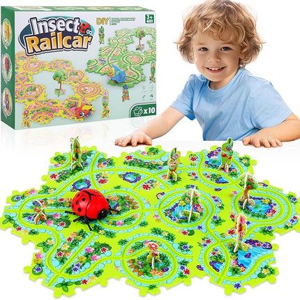 10Pcs Puzzle Racer Kids Car Track Set, Cars Toys for Toddlers, Puzzle Track Car Play Set, Race Tracks for Kids Ages 4-8, Educational Toys for 3 4 5 Year Old Boys (Ladybug)