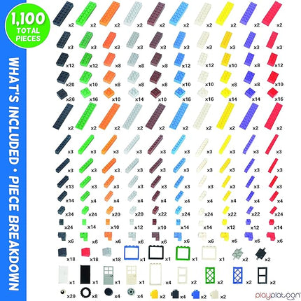 Play Platoon 1120 Pieces Building Bricks Set - 10 Classic Color Blocks - Bulk Building Blocks Compatible with Major Brands - 14 Different Shape Bricks - Includes Wheels, Tires, Axles, Windows & Door