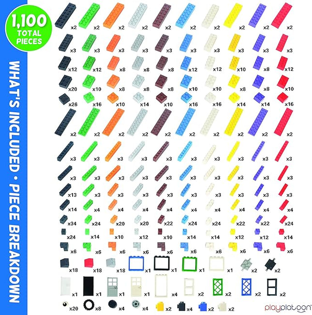 Play Platoon 1120 Pieces Building Bricks Set - 10 Classic Color Blocks - Bulk Building Blocks Compatible with Major Brands - 14 Different Shape Bricks - Includes Wheels, Tires, Axles, Windows & Door