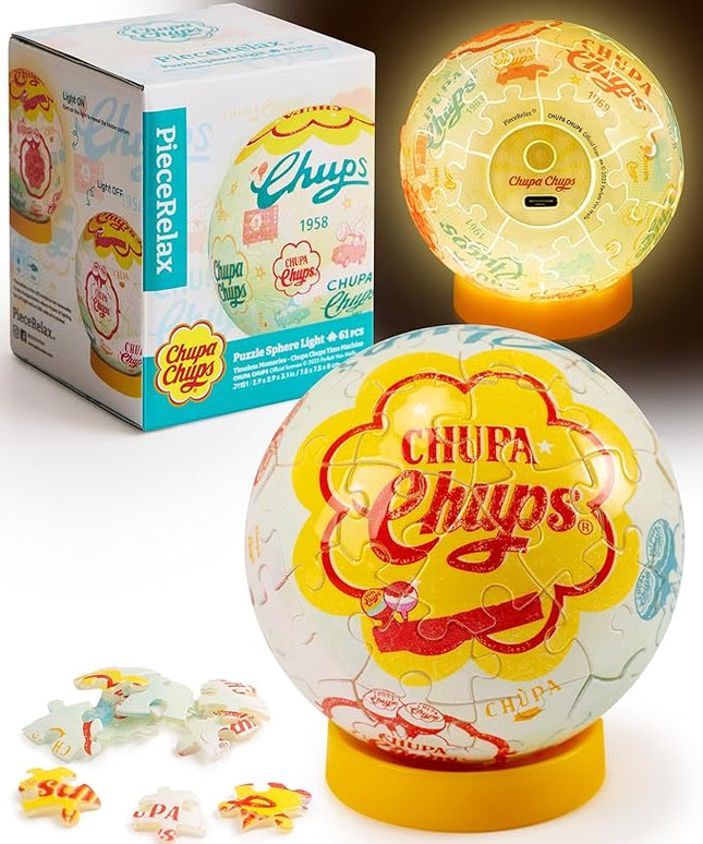 Chupa Chups X PieceRelax 3D Plastic Puzzle Sphere Light for Adults 60 Piece - Timeless Memories - Chupa Chups Time Machine Unique Gift & Home Décor with Curved Plastic Puzzle Pieces [J1151]