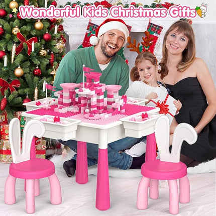 OCATO Kids Toddler Table and Chair Set: Water Table Activity Tables with 152Pcs Large Marble Run Building Blocks 2 Rabbit Chairs Storage All in One Play Sensory Sand Tables 3-6 Year Old Girl Toy Gift