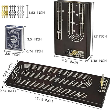 15.5'' Cribbage Board Game Set with Magnetic Lock, Folding Wooden Continuous 3 Track Scoreboard with Large Slots for Storing 1 Playing Cards and 9 Metal Pegs, Travel Game for Family Kid Adult