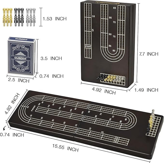 15.5'' Cribbage Board Game Set with Magnetic Lock, Folding Wooden Continuous 3 Track Scoreboard with Large Slots for Storing 1 Playing Cards and 9 Metal Pegs, Travel Game for Family Kid Adult