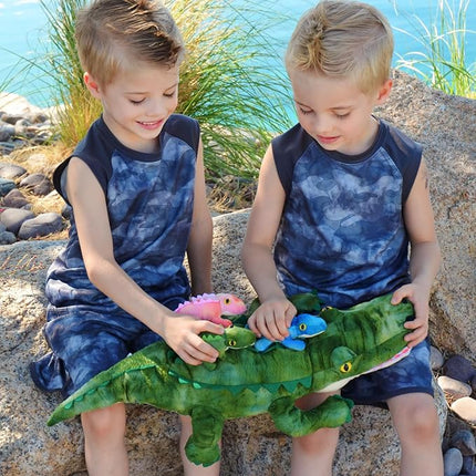 MorisMos Plush Alligator Stuffed Animal with Babies,23.6'' Mommy Stuffed Alligator with 3 Baby Crocodile Animals & 3 Plush Eggs,Lifelike Crocodile Toys for Kid 3-5 Birthday Decor