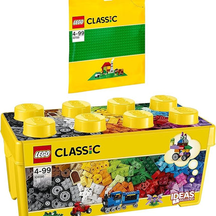 Lego Classic Set of 2 10696 & 10700 Building Blocks Box + Green Base Plate - Creative Construction Toy for Children, Promotes Fine Motor Skills and Imagination, Ideal for Construction Projects and