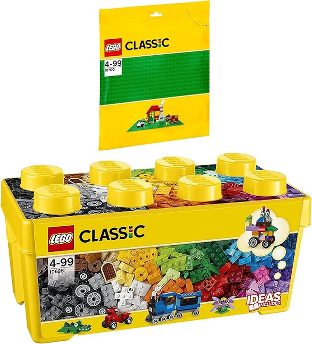 Lego Classic Set of 2 10696 & 10700 Building Blocks Box + Green Base Plate - Creative Construction Toy for Children, Promotes Fine Motor Skills and Imagination, Ideal for Construction Projects and