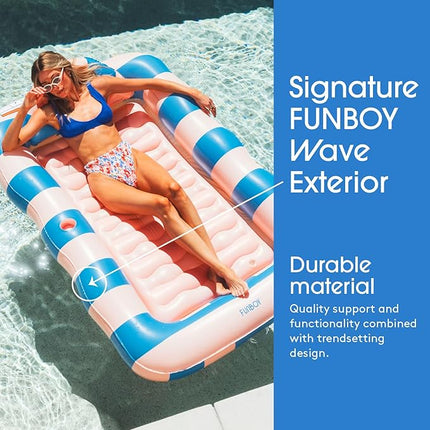FUNBOY Tanning Pool Lounger Float, XL 72'' x 48'' Pool Float with Custom Pillow and Large Cup Holder, Perfect for Pool or Backyard.