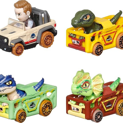 Hot Wheels Toy Cars, RacerVerse 4-Pack of Die-Cast Vehicles Featuring Jurassic World Characters Charlie, Owen, Dilophosaurus & Allosaurus as Drivers
