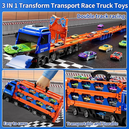 Toy Truck for 3 4 5 6 Years Old Kids Boys, 78-Inch Race Track Transport Vehicle and 12 Die-Cast Metal Toy Cars, Carrier Truck Toddler Truck Car Toys Set Gifts for Age 3-12 Years Old Kids Boys