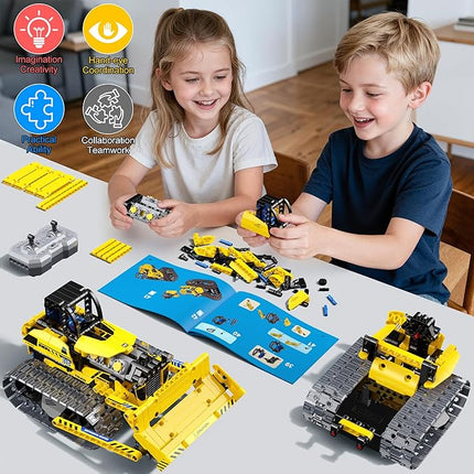 zinat 3 in 1 STEM Remote Control Bulldozer Building Set, DIY Engineering Construction Kit with APP & Remote, Educational Robot Blocks Toy, Birthday for Kids Teens Adults - 452 Pcs