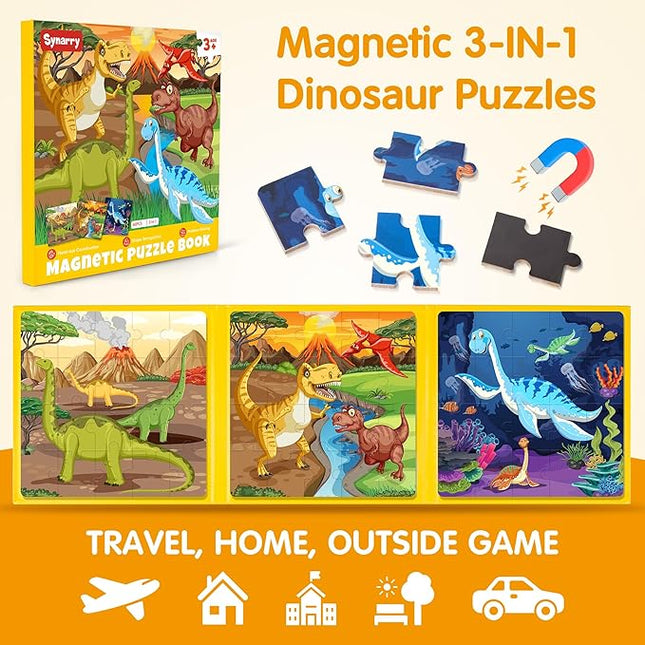 SYNARRY Magnetic Dinosaur Puzzles for Kids Ages 3-5, 20 Pieces Puzzles for Toddlers 4-6, Easter Basket Stuffers Valentines Day Gifts for Kids, Car Airplane Road Trip Activities Toys for Boys Girls