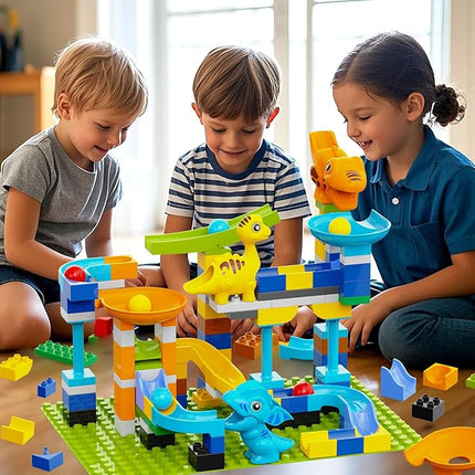 Marble Run Building Blocks for Kids Ages 3+ | 121-Piece Dinosaur STEM Toy with 6 Dinosaurs & 2 Baseplates | Durable Construction Set with Step-by-Step Guide