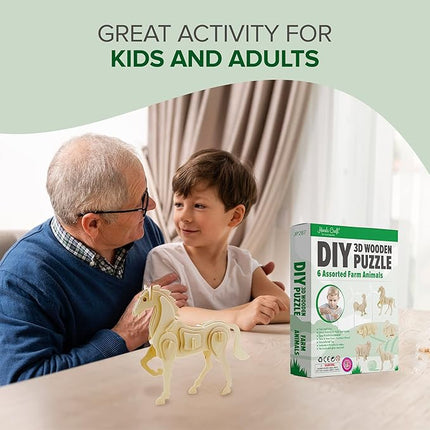 Hands Craft DIY 3D Wooden Puzzle – 6 Assorted Farm Animals Bundle Pack Set Brain Teaser Puzzles Educational STEM Toy Adults and Kids to Build Safe and Non-Toxic Easy Punch Out Premium Wood JP2B7