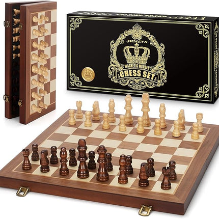 Magnetic Wooden Chess Set, 15" Folding Chess Board with 2 Extra Queens, Portable Travel Chess Set with Pieces Storage Slots, Beginner Chess Board Game for Adults & Kids